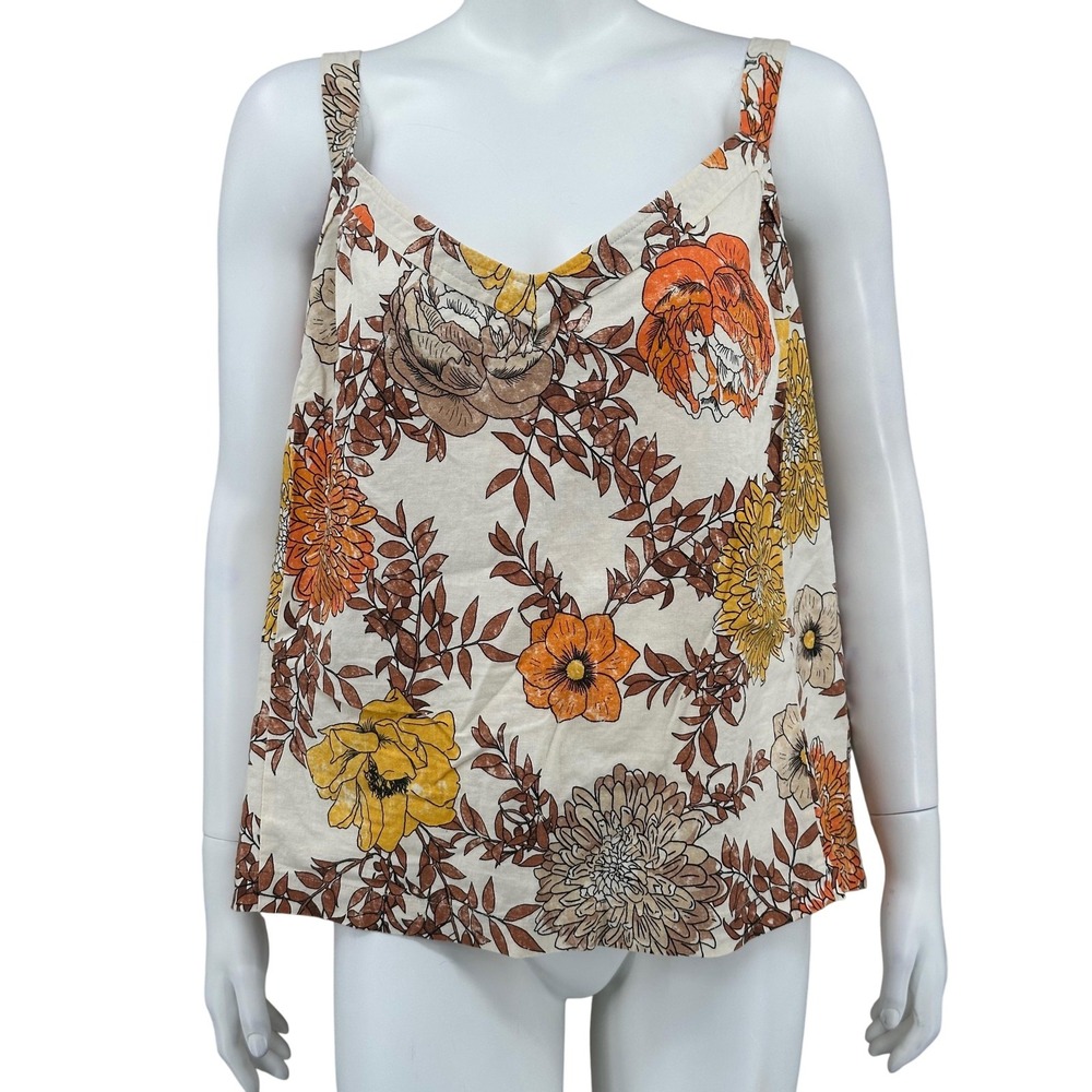 Lane Bryant Top Womens 28 Beige Floral Linen Blend V-Neck Smocked Boho Autumn‎